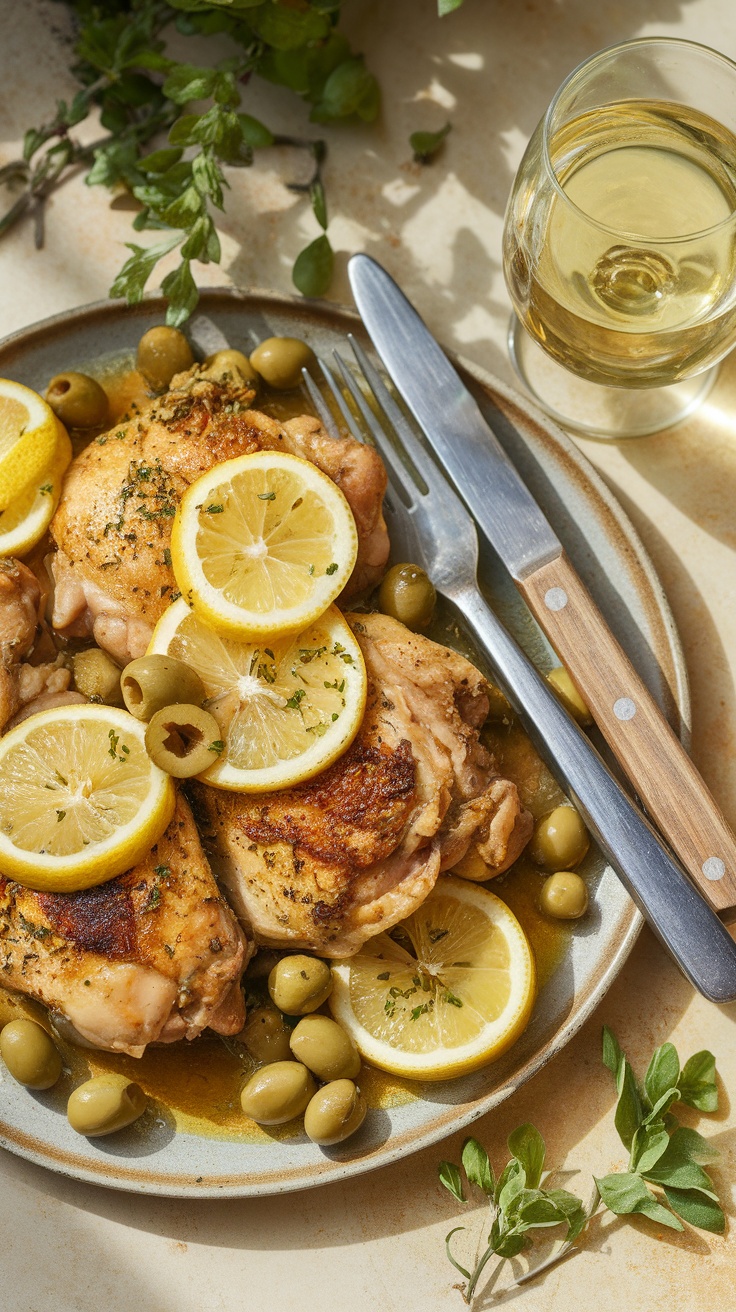 Mediterranean Lemon and Olive Chicken Recipe Mediterranean chicken with lemons and olives on a rustic plate, garnished with herbs.